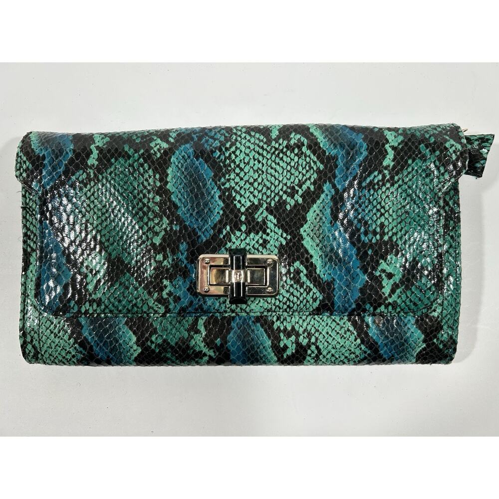 Big Buddha Jdara Emerald/Blue/Black Faux Python Snakeskin Print Clutch NWT